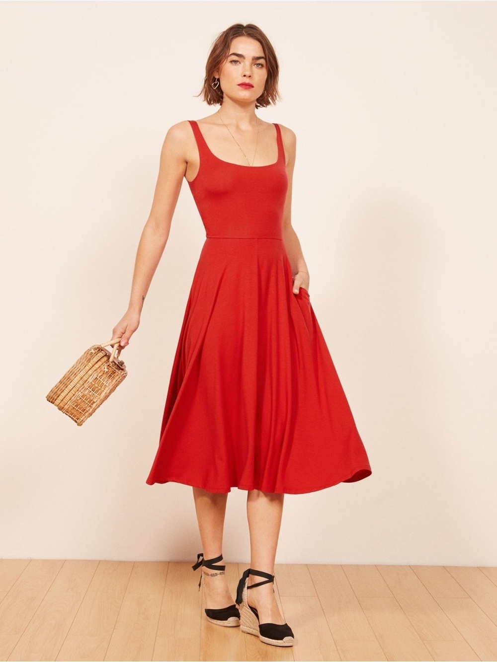 Reformation | Dresses | Reformation Red Orange Scoop Neck Summer Casual Midi Wedding Guest Dress